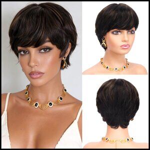 Glueless Human Hair Pixie Wig Layered Short Cut Adjustable Straps Natural Look